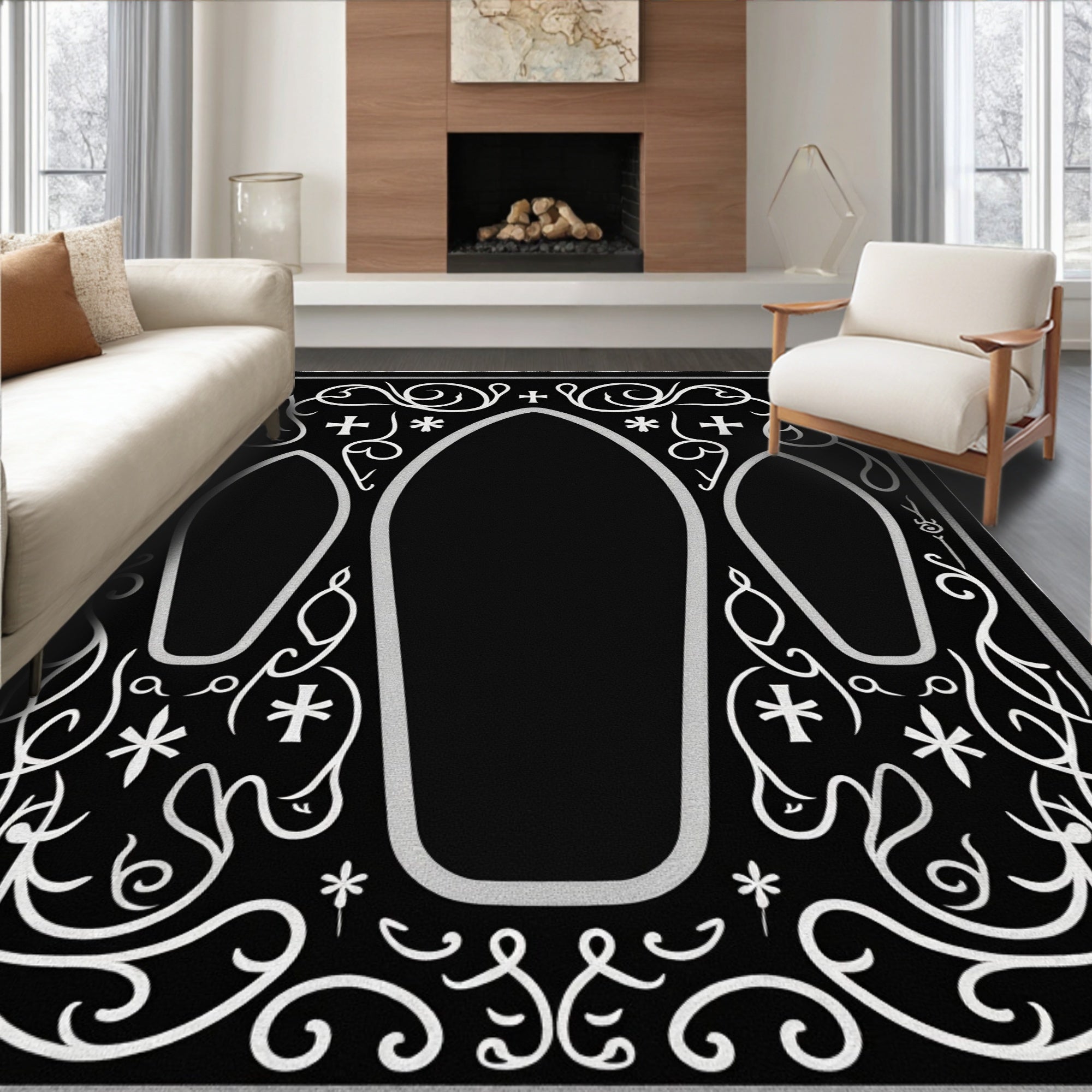 Gothic Black Silver Coffin Trio Rug