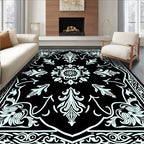 Black White Florals Traditional Medallion Rug
