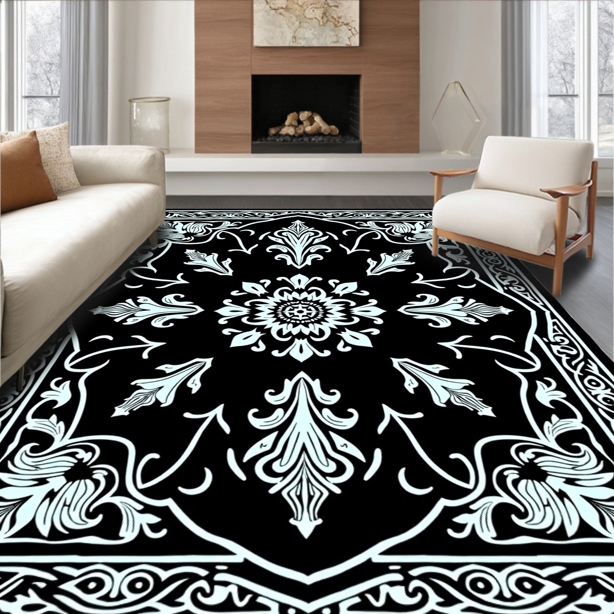 Black White Florals Traditional Medallion Rug