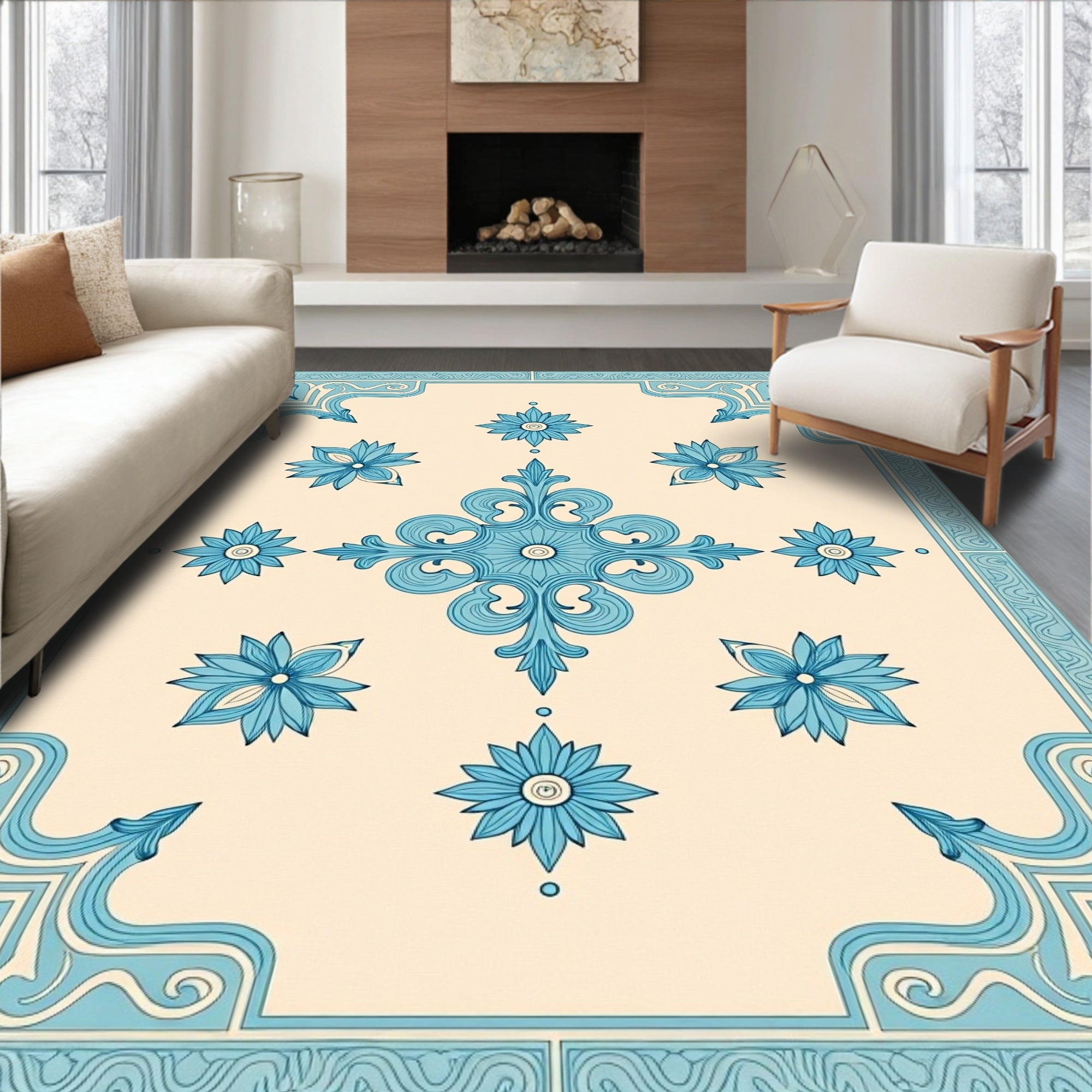 Pale Blue Floral Symmetry Rug