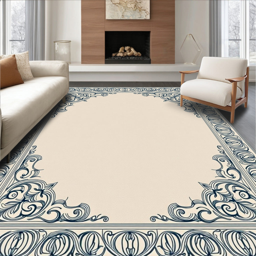Ornate Navy Blue Classic Scroll Border Rug