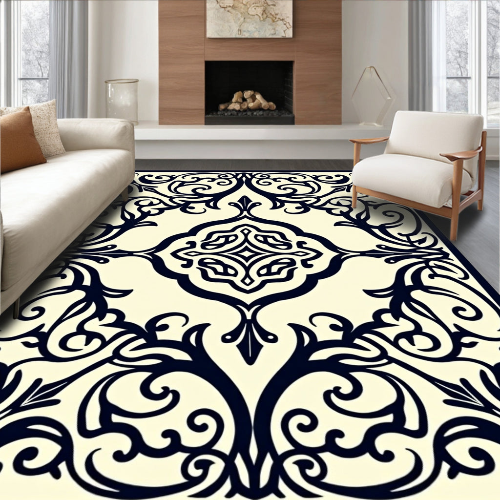 Ornate Indigo Floral Scrollwork Ivory Rug