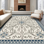 Cream and Navy Floral Scroll Medallion Rug