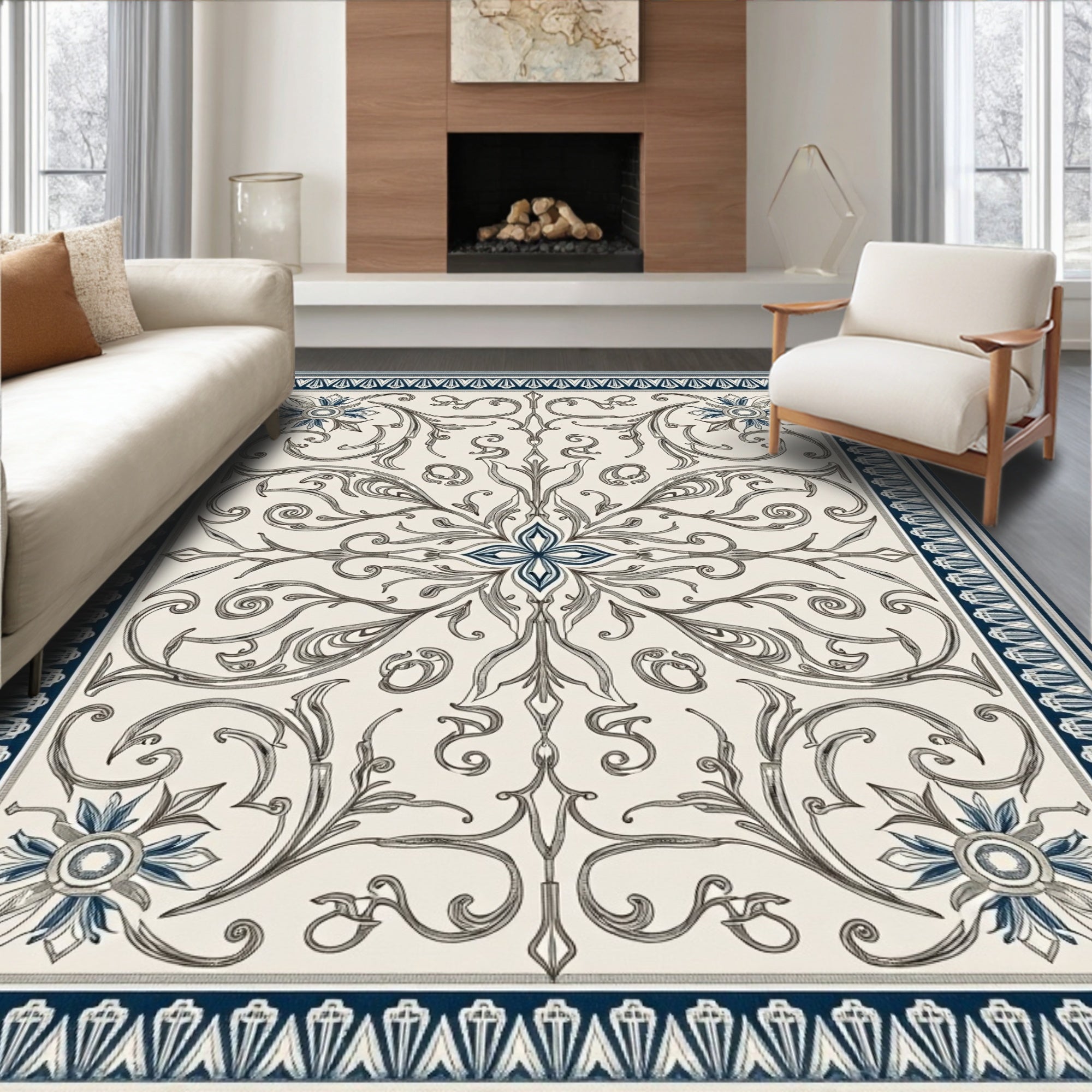Cream and Navy Floral Scroll Medallion Rug