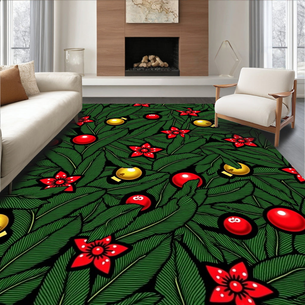Festive Green Pine and Red Ornaments Rug