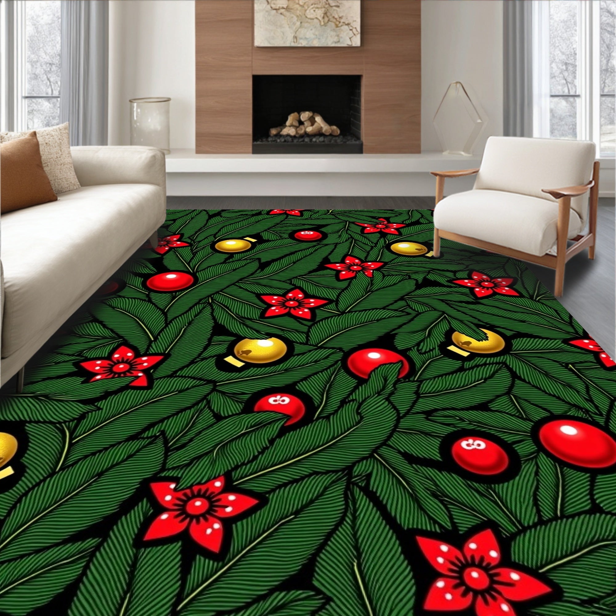 Festive Green Pine and Red Ornaments Rug