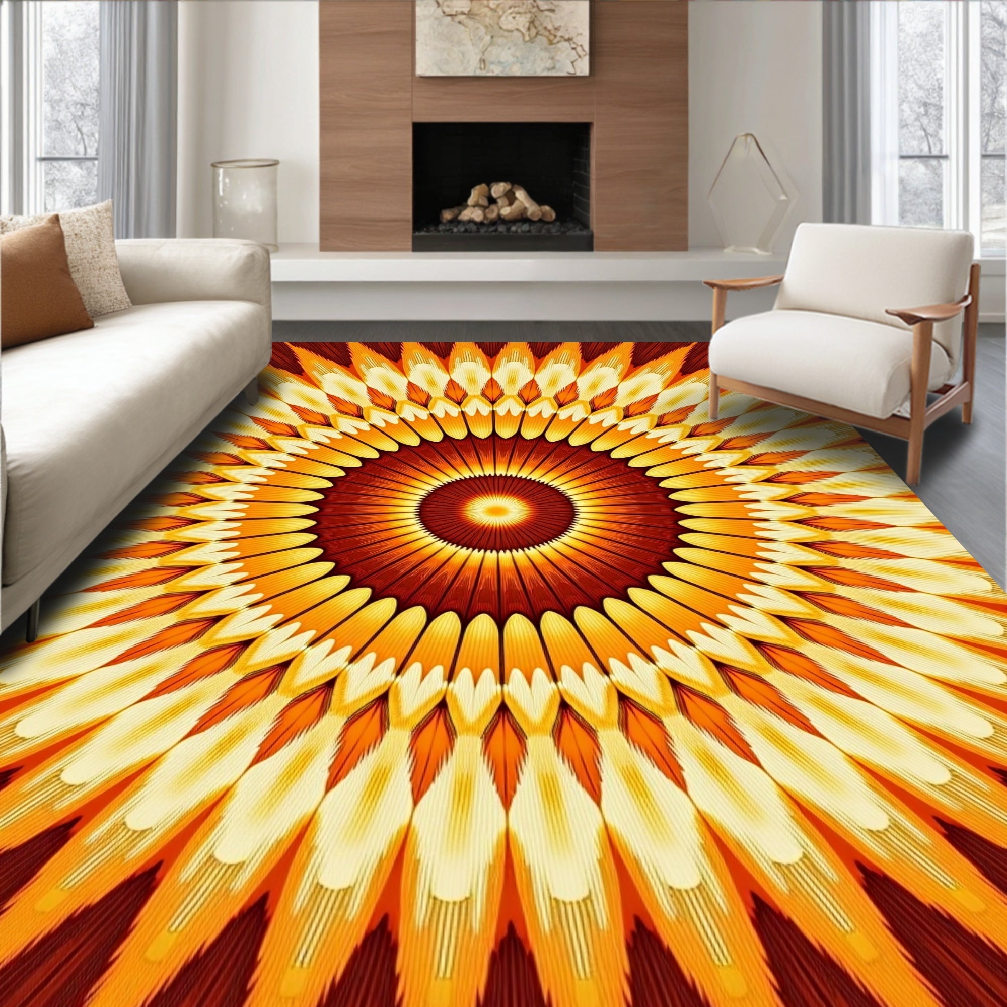 Warm Orange Burst Mandala Rug