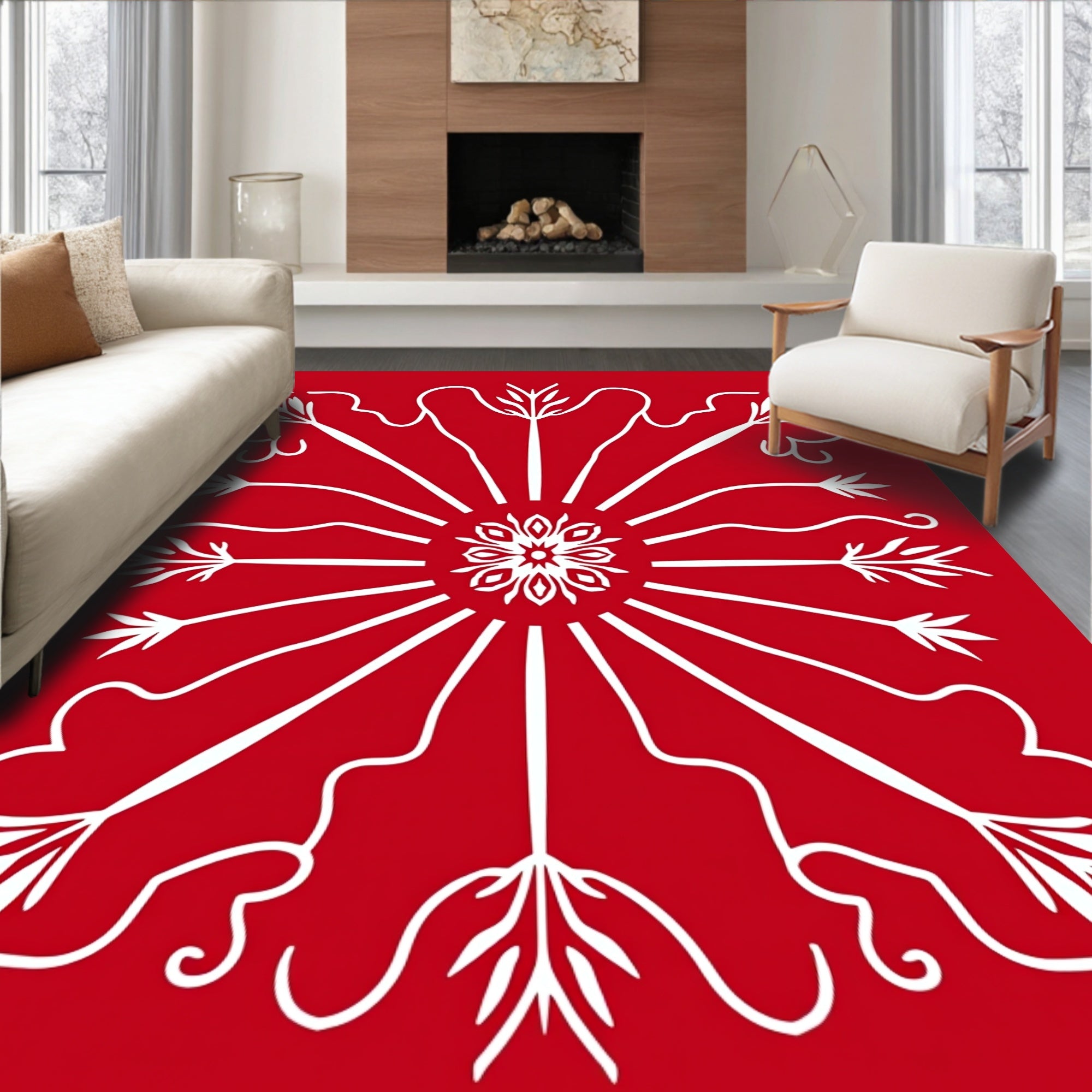 Crimson White Radial Burst Medallion Rug