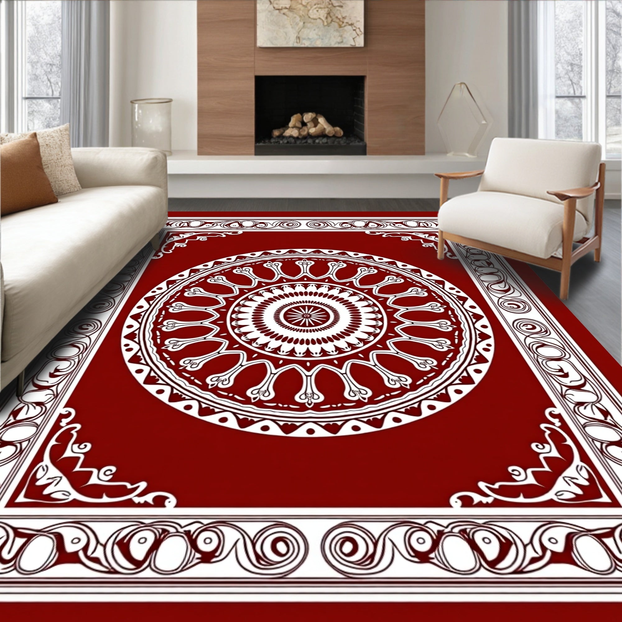 Crimson White Mandala Frame Rug