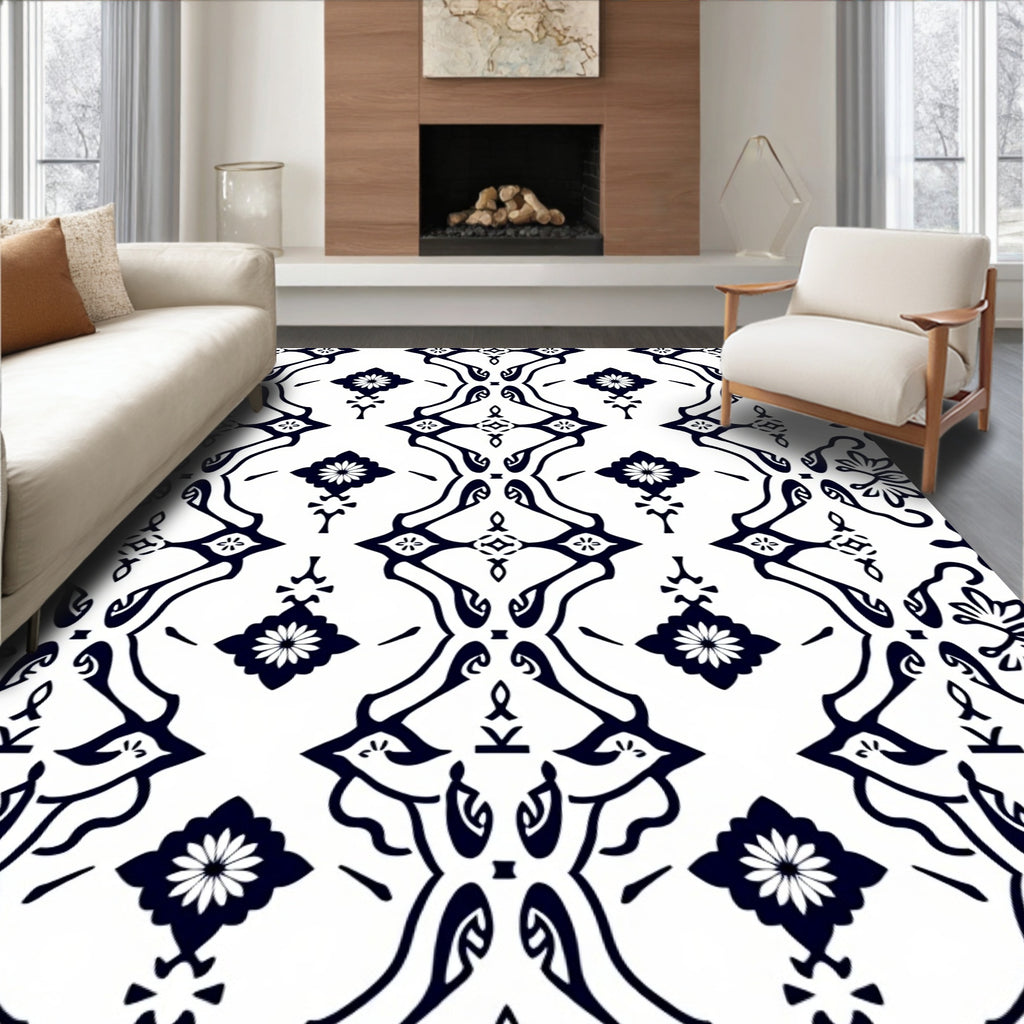 Bold Navy Floral Damask Overlay Rug