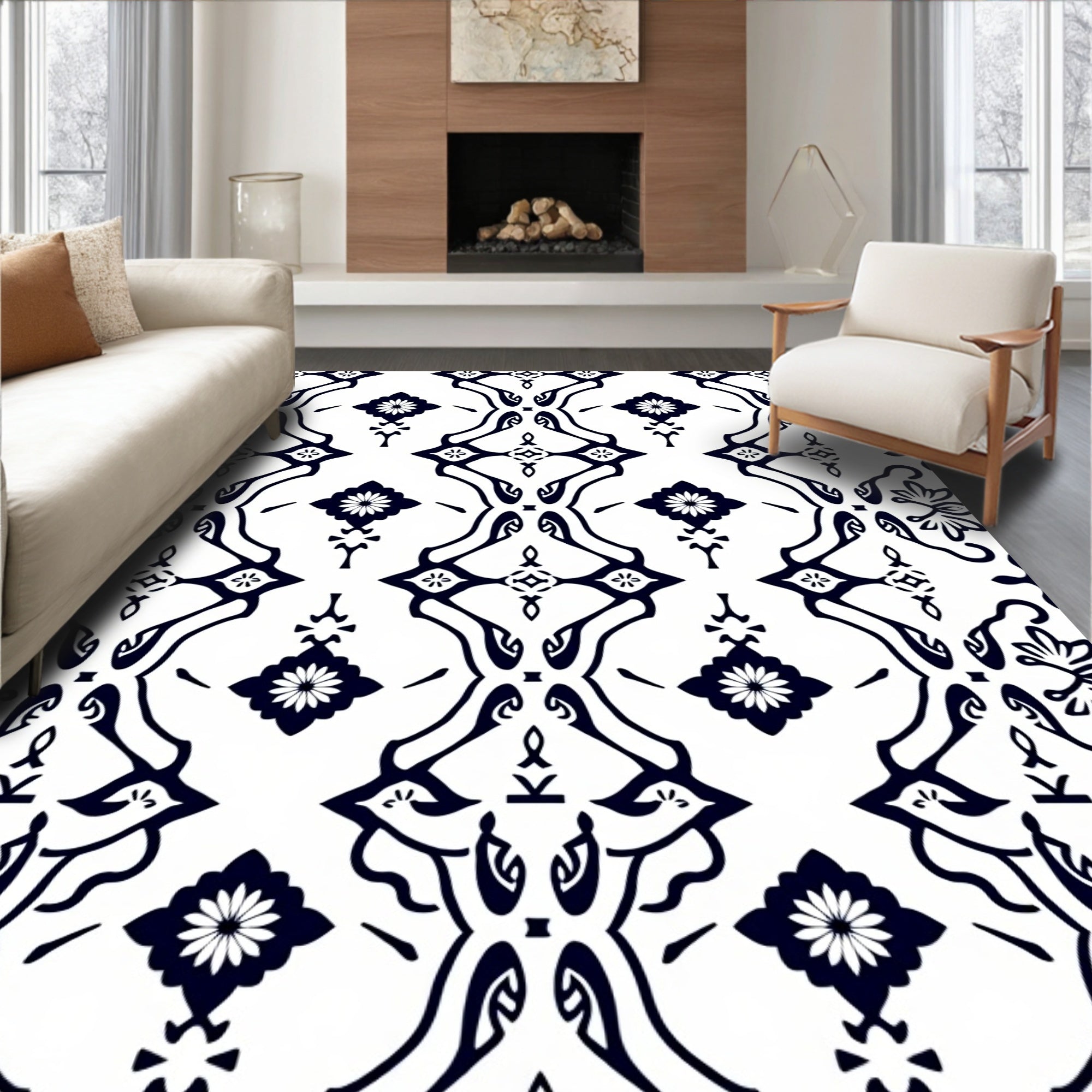 Bold Navy Floral Damask Overlay Rug