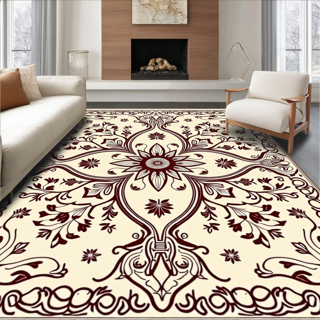 Crimson Floral Art Nouveau Cream Rug
