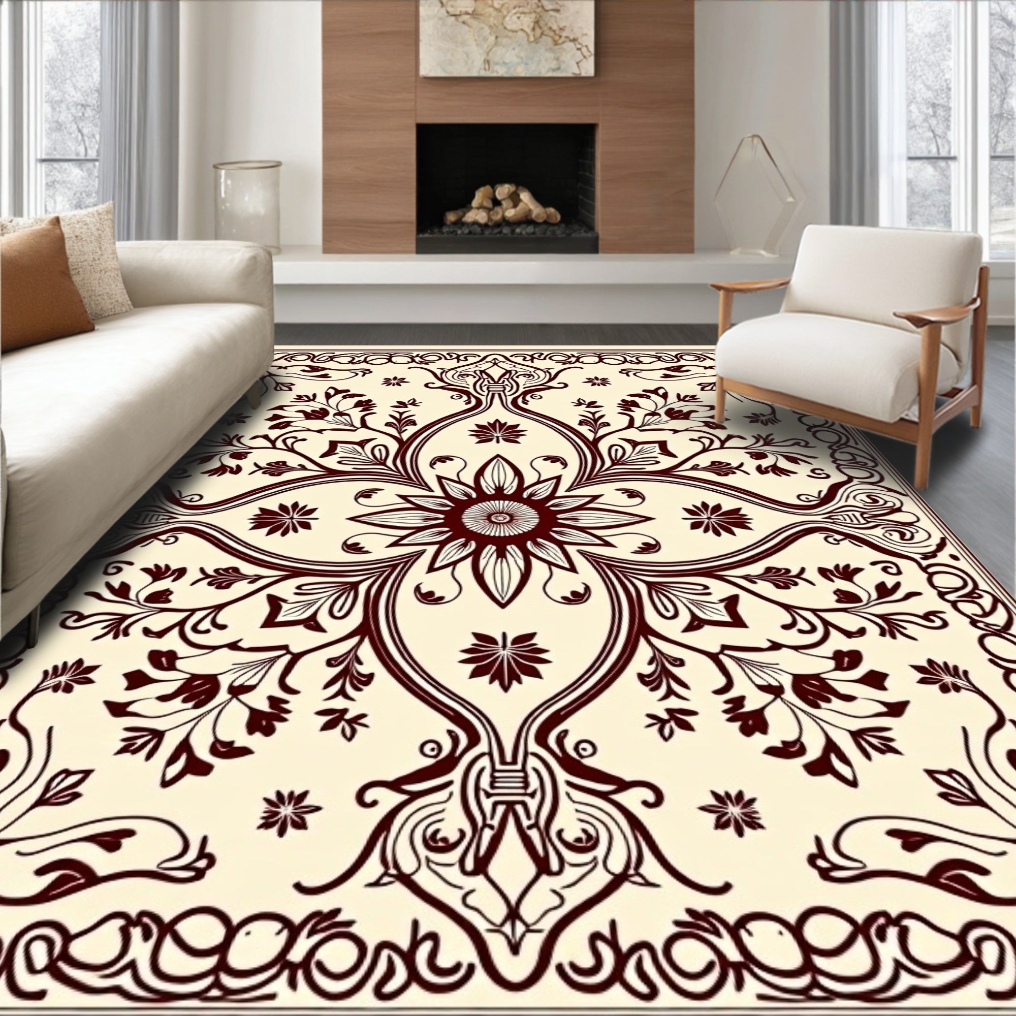 Crimson Floral Art Nouveau Cream Rug