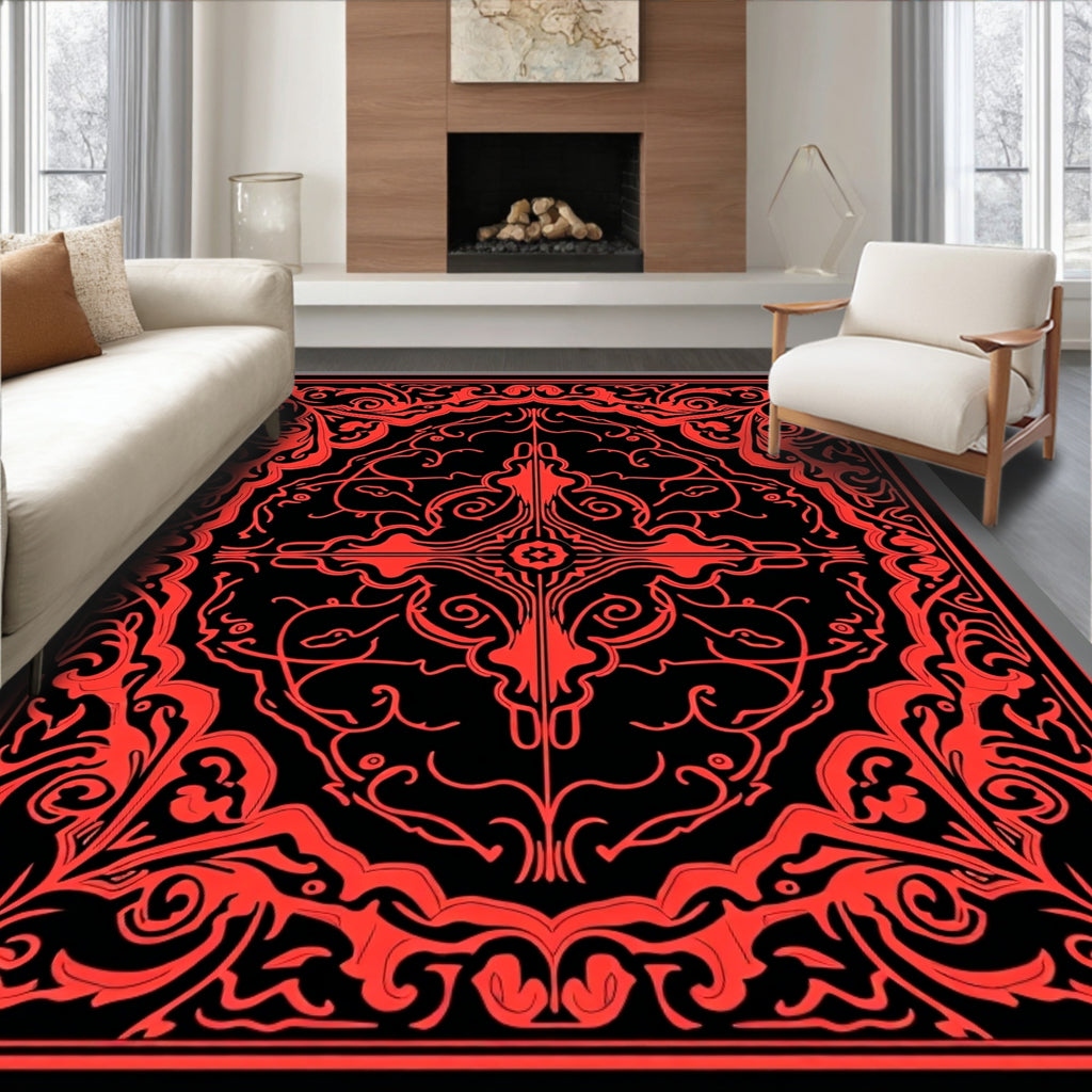 Bold Red Ornamental Swirl Frame Rug