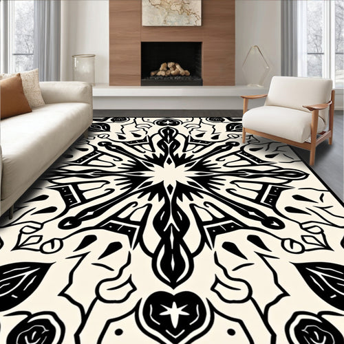 Black Cream Intricate Medallion Mandala Rug