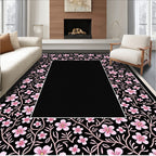 Petal Pink Floral Vines Black Rug