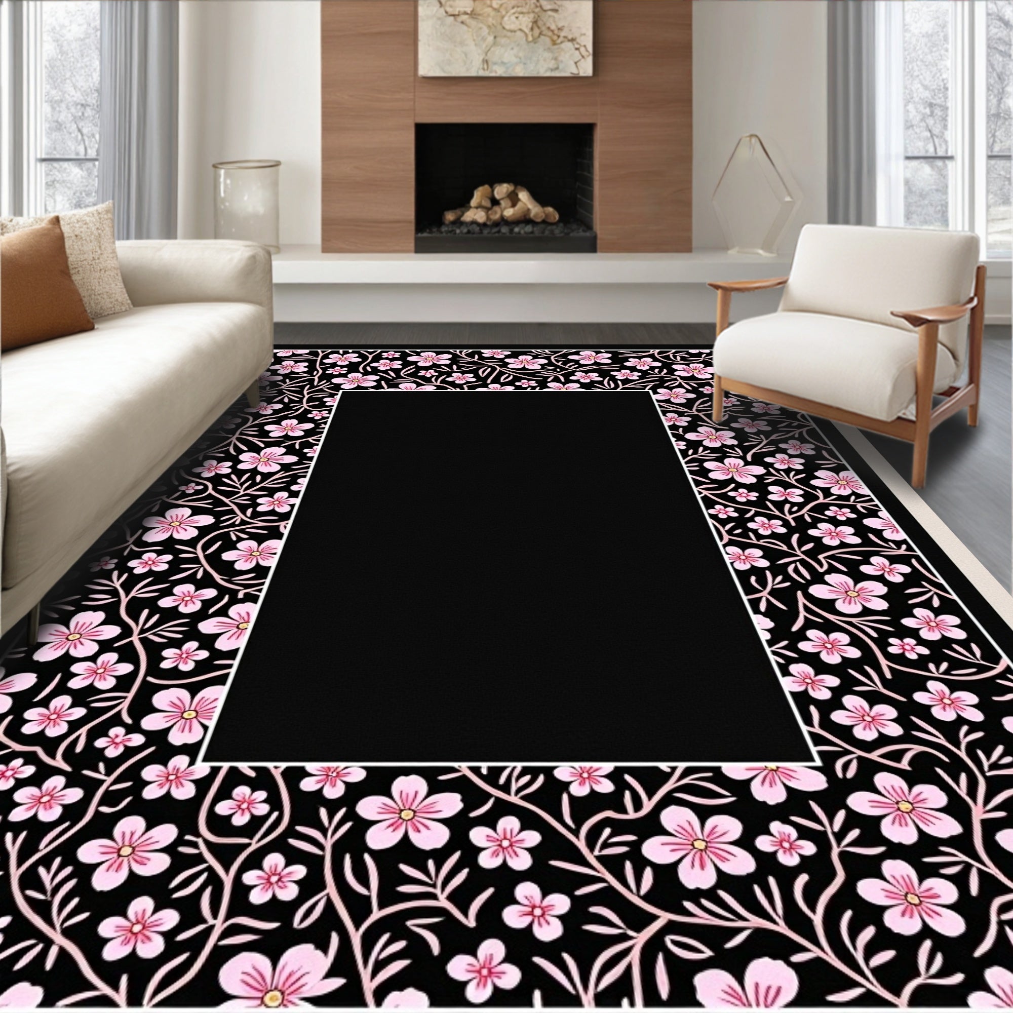 Petal Pink Floral Vines Black Rug