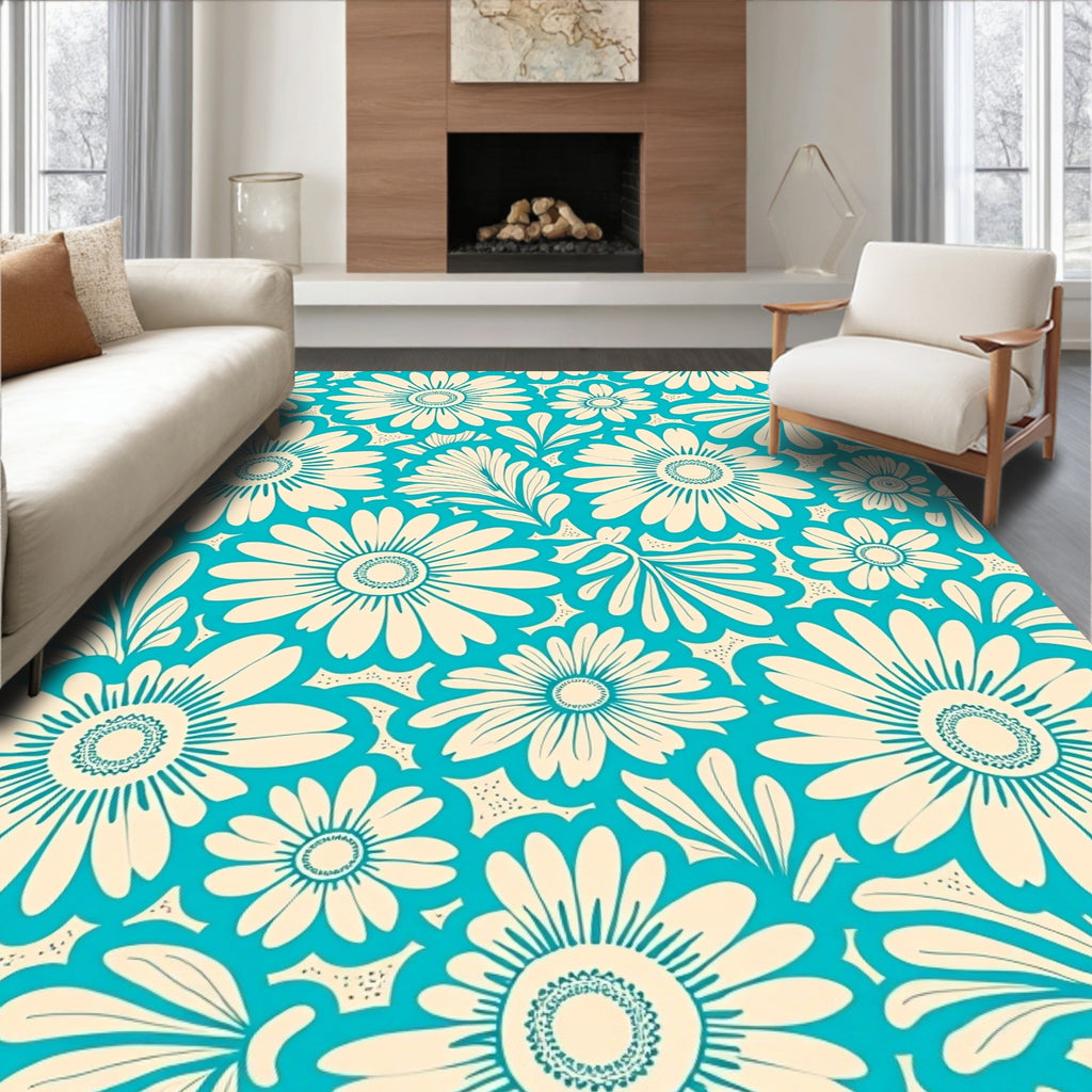 Aqua White Floral Daisy Medallions Rug