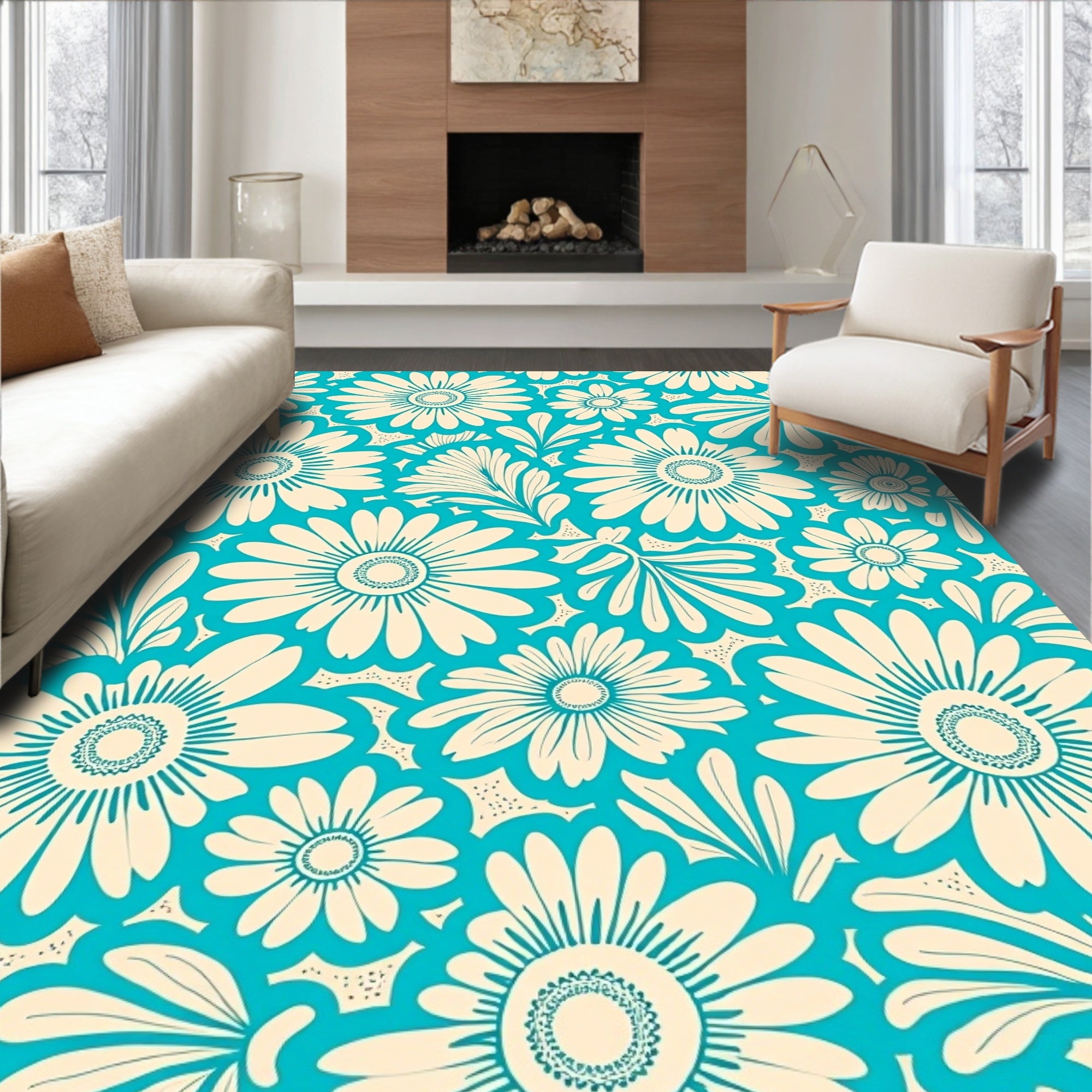 Aqua White Floral Daisy Medallions Rug