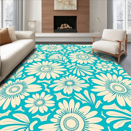 Aqua White Floral Daisy Medallions Rug