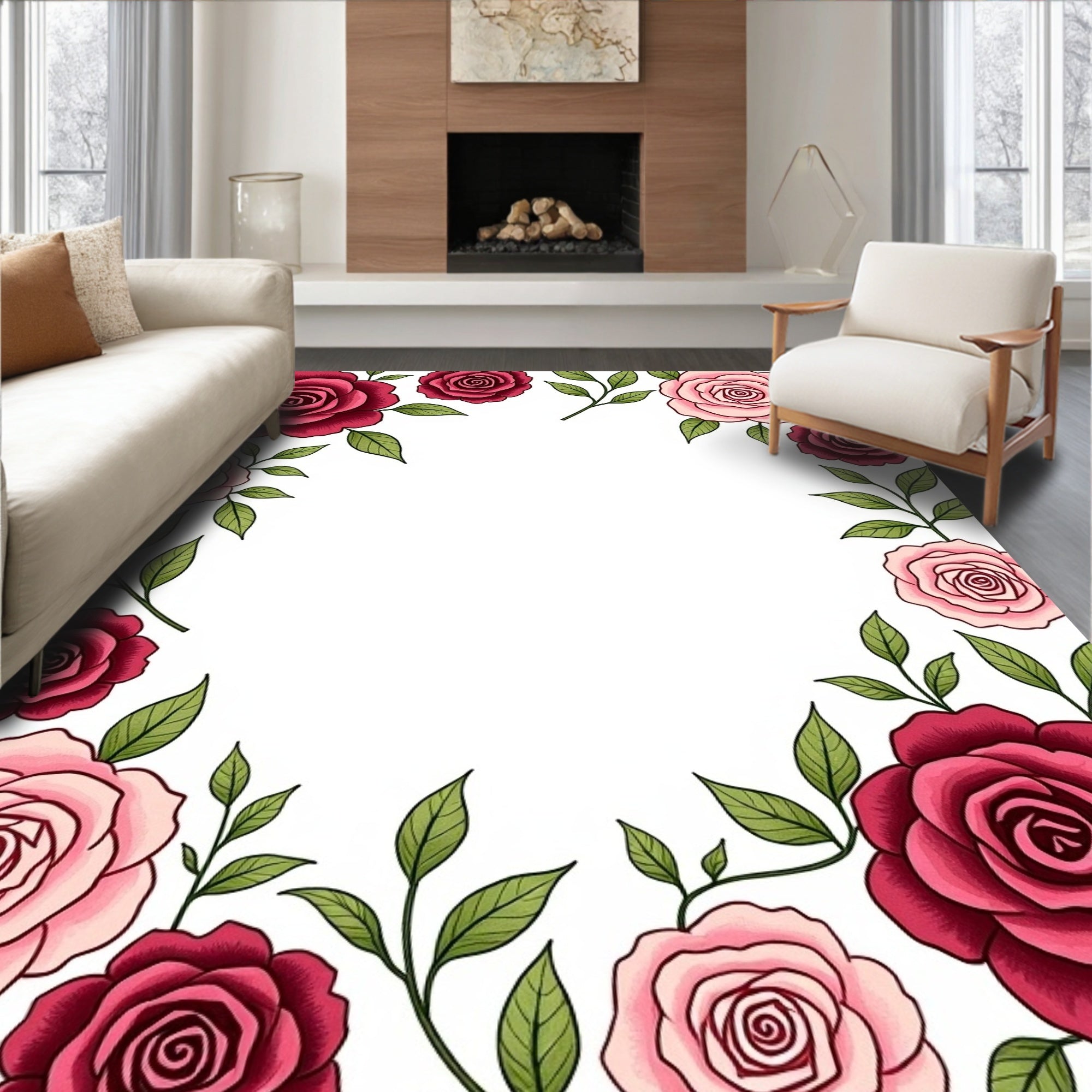 Crimson Pink Roses Botanical Border Rug