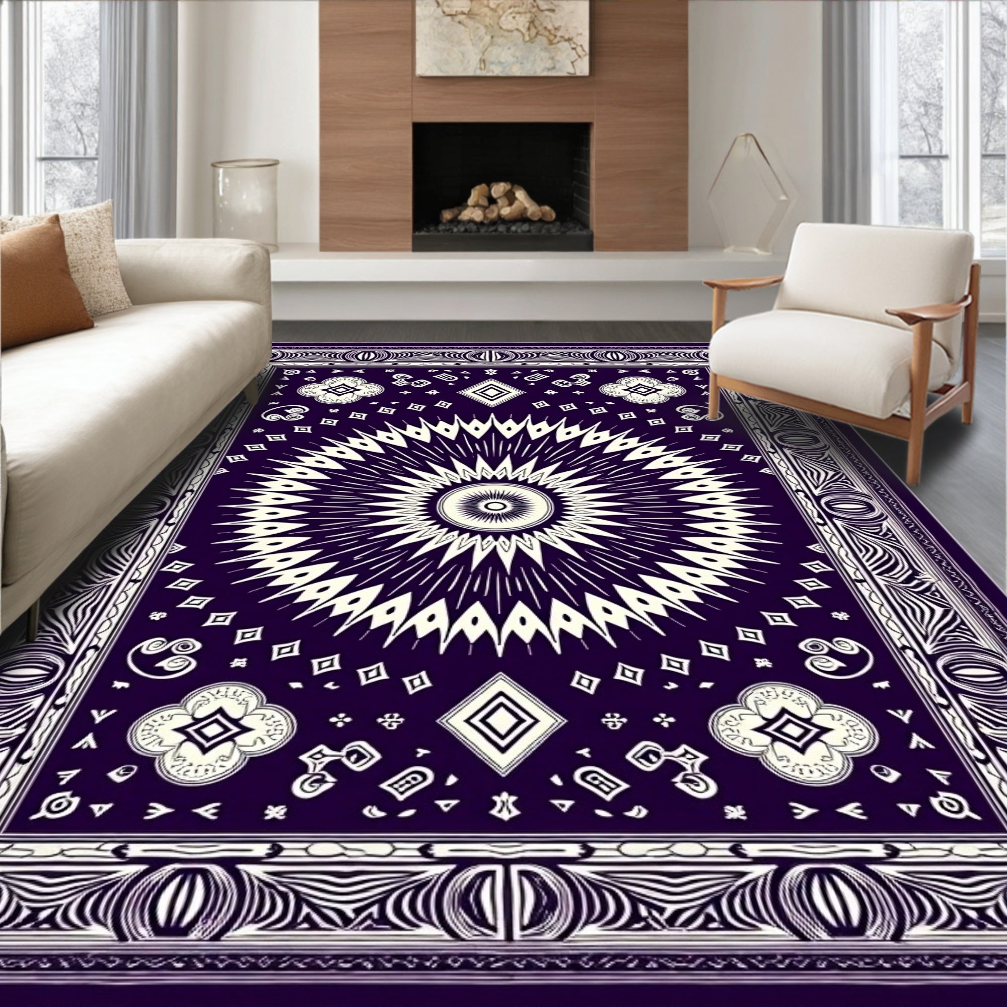Deep Plum Sunburst Mandala Accent Rug