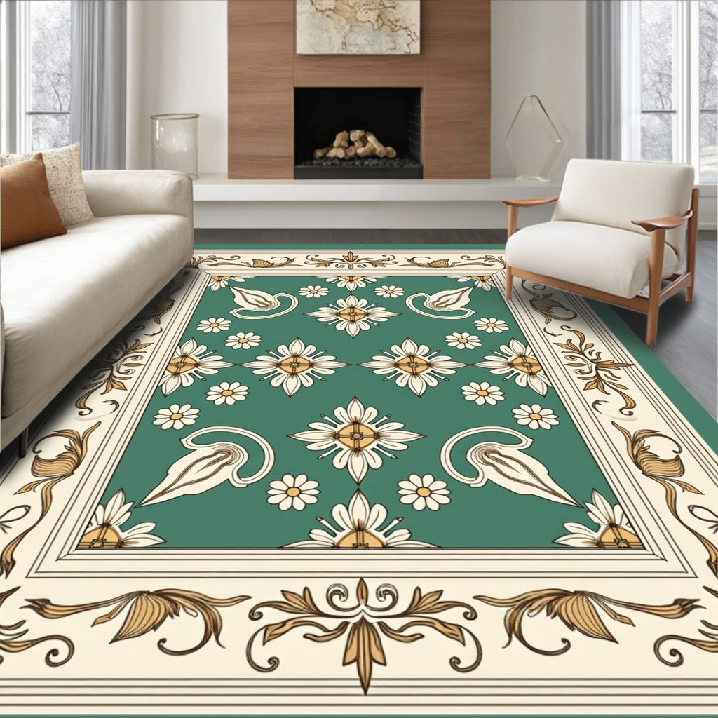 Victorian Teal Floral Medallion Border Rug