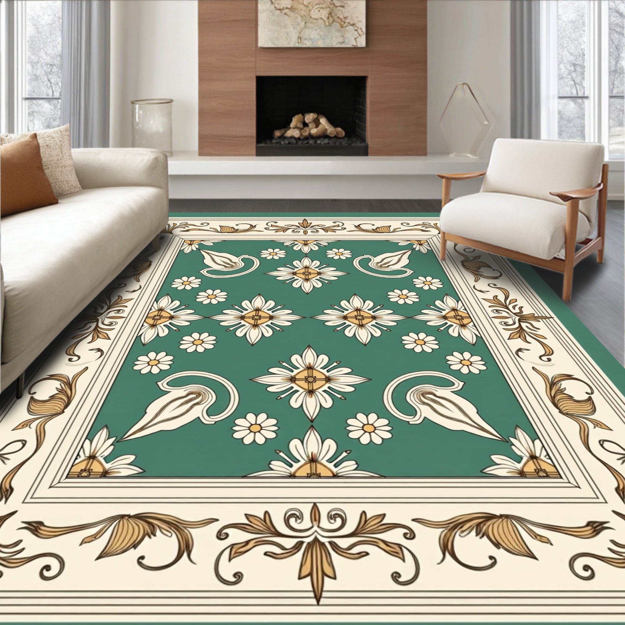 Victorian Teal Floral Medallion Border Rug