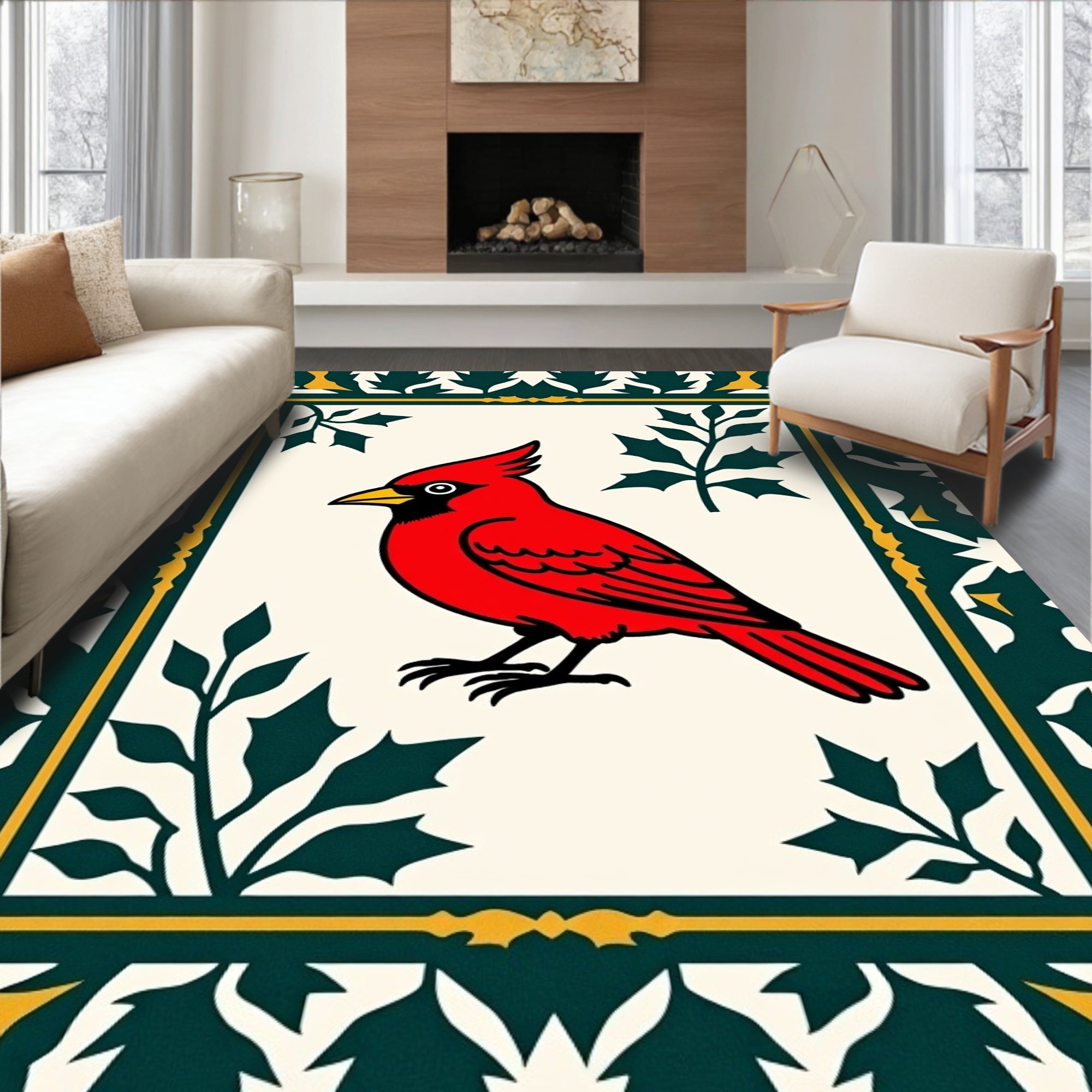 Bright Red Cardinal Botanical Border Rug