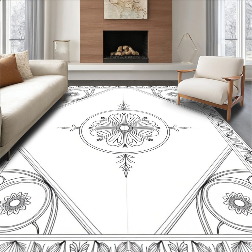 Classic Black White Floral Round Medallion Rug