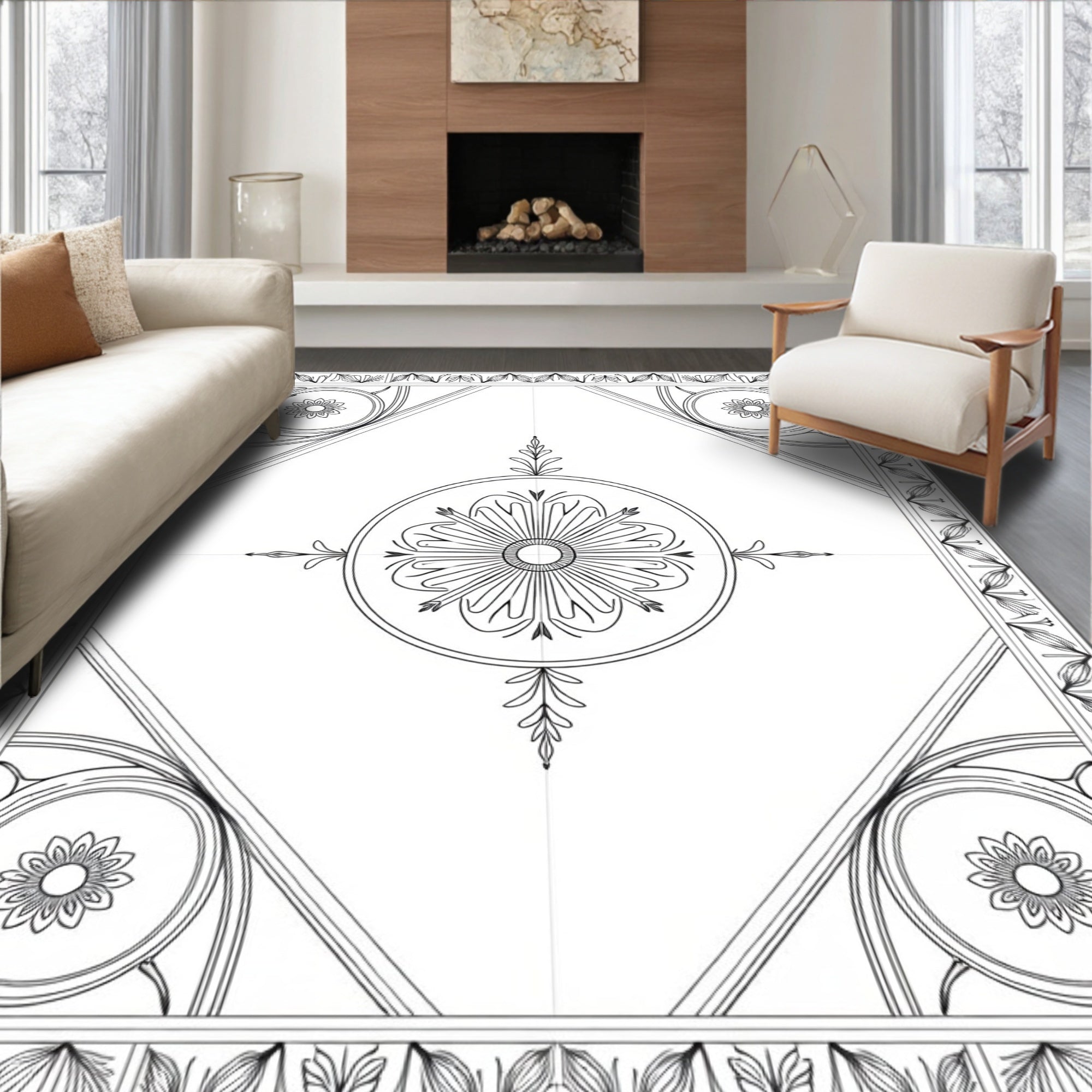 Classic Black White Floral Round Medallion Rug