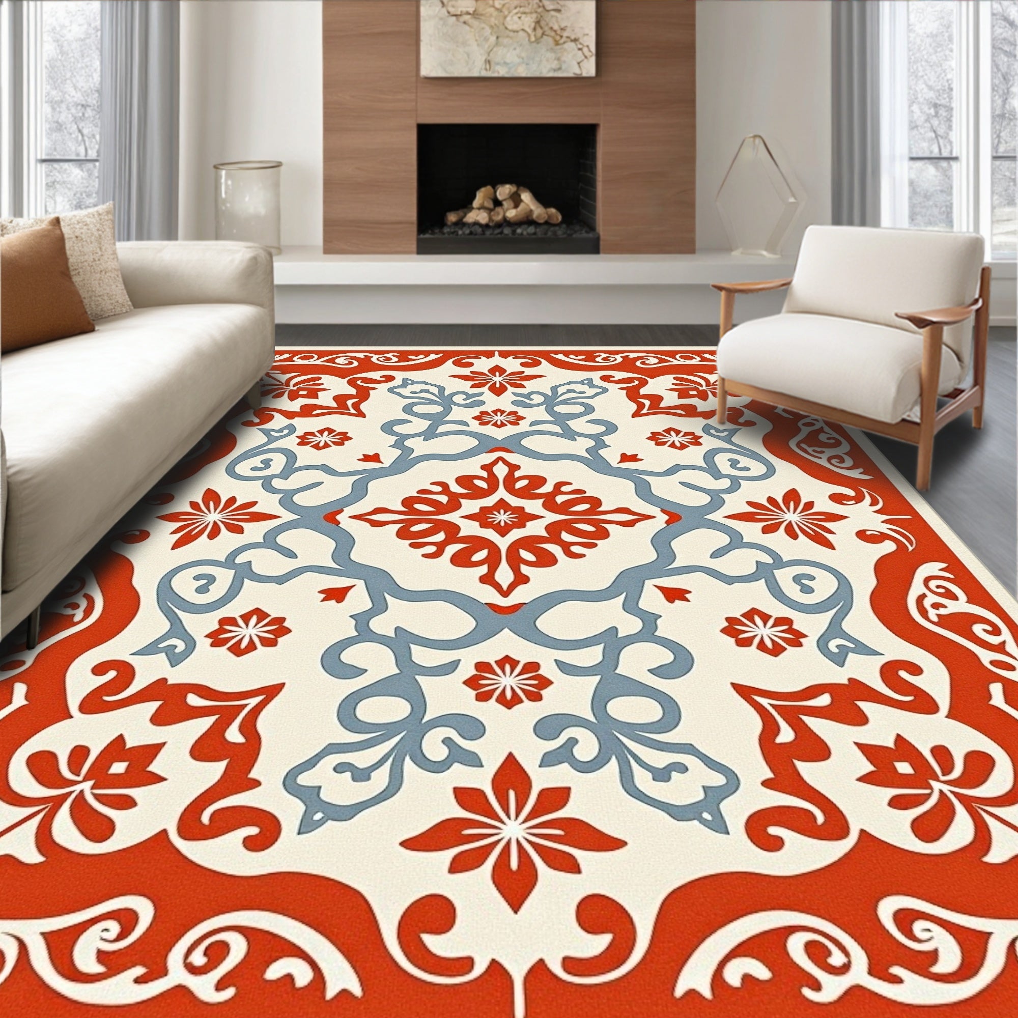 Ornate Red Blue Floral Medallion Rug