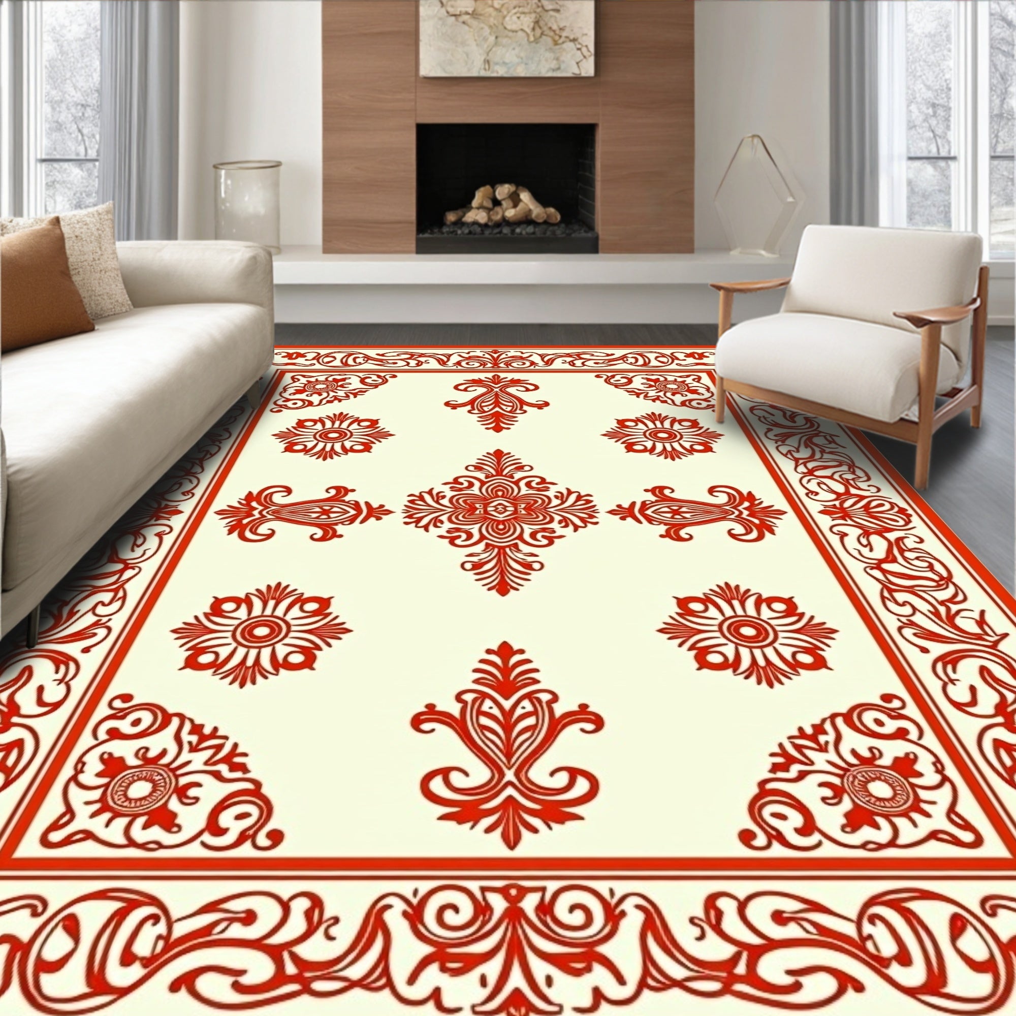 Crimson Ornamental Floral Border Rug