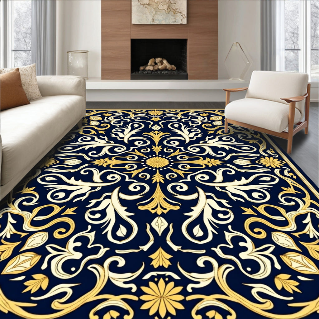 Elegant Navy Gold Floral Medallion Rug