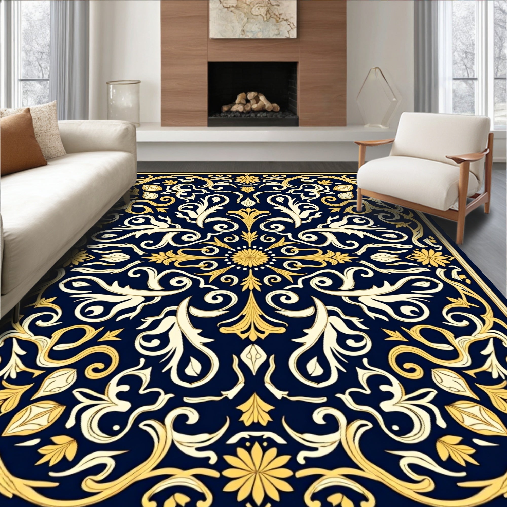 Elegant Navy Gold Floral Medallion Rug
