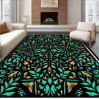 Teal Yellow Floral Symmetry Black Rug