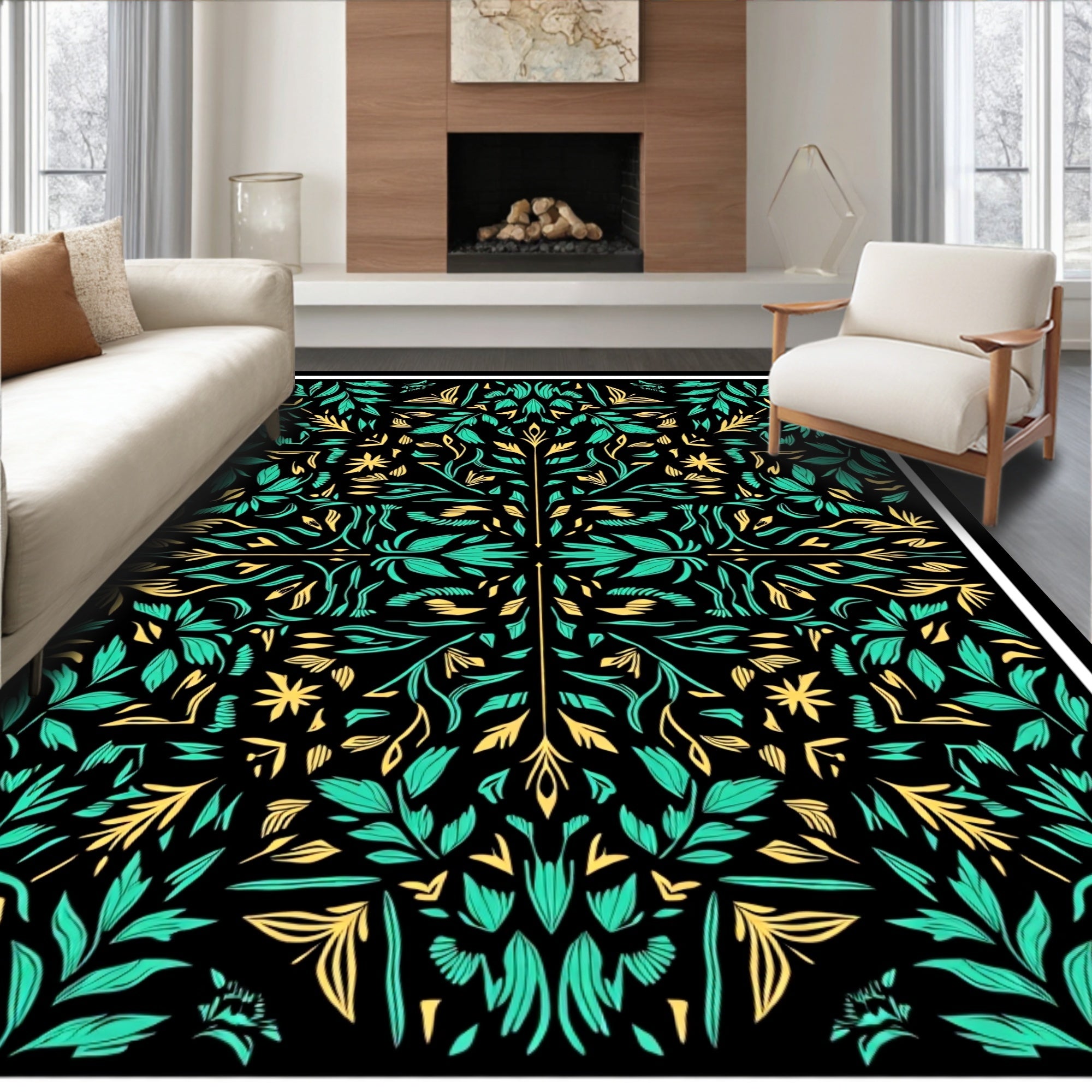 Teal Yellow Floral Symmetry Black Rug