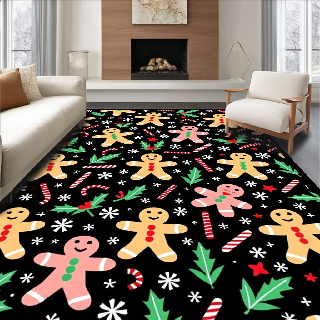 Festive Gingerbread Man Holly Candy Cane Rug