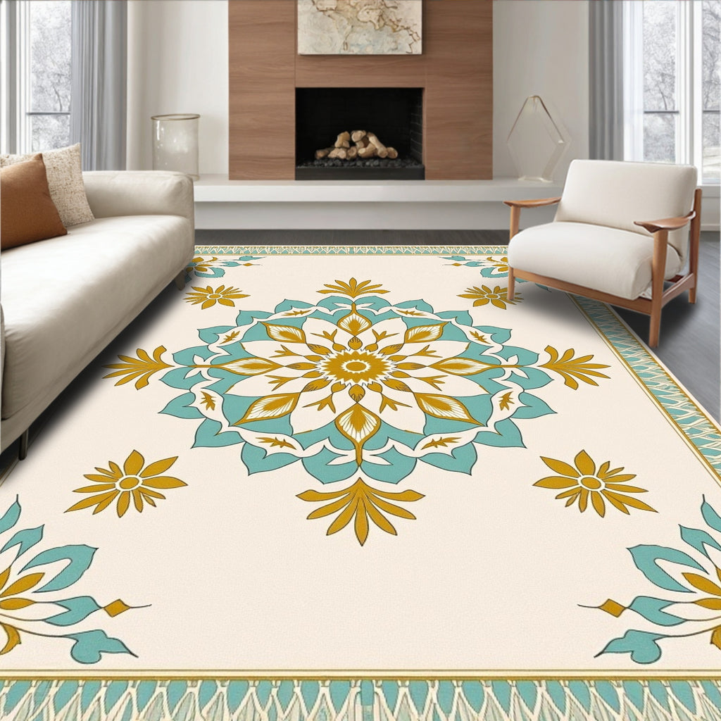 Golden Teal Floral Medallion Border Rug