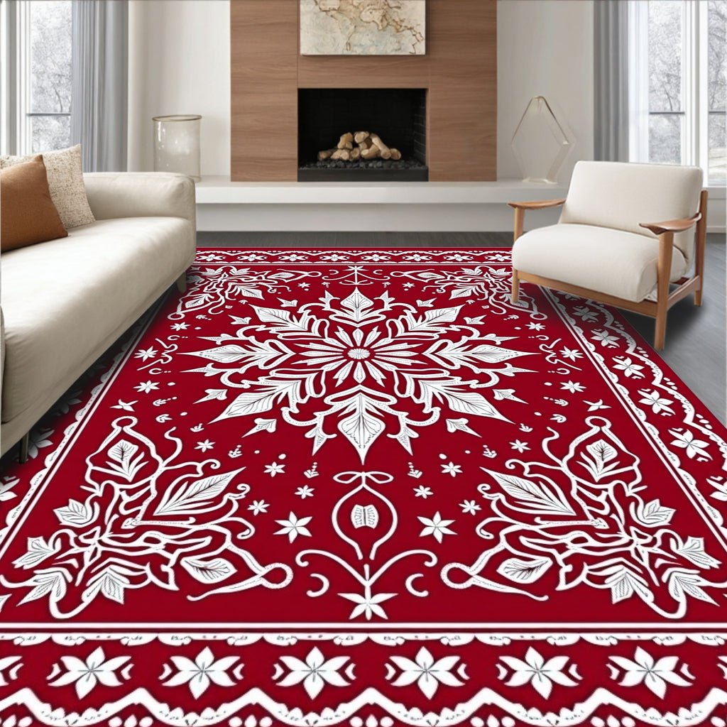 Crimson White Floral Starburst Mandala Rug