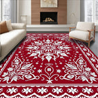 Crimson White Floral Starburst Mandala Rug