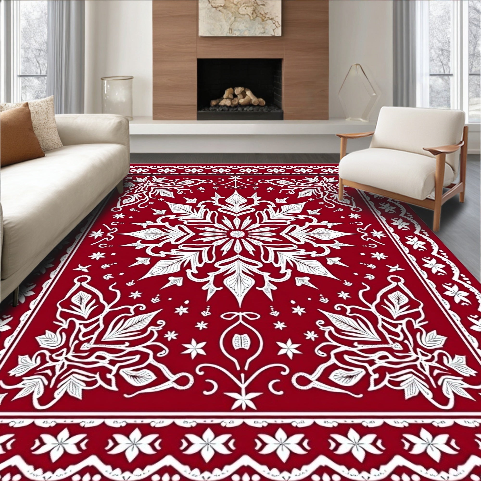 Crimson White Floral Starburst Mandala Rug