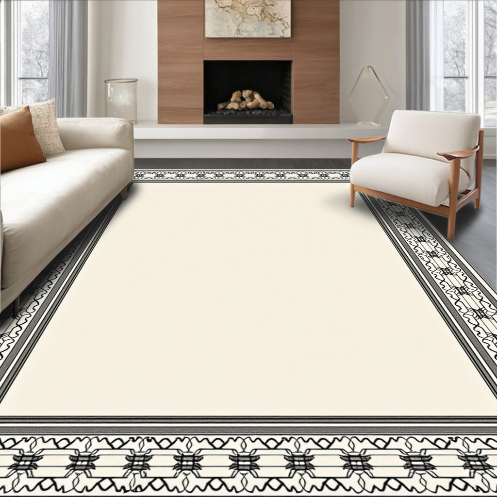 Classic Black and White Geometric Border Rug