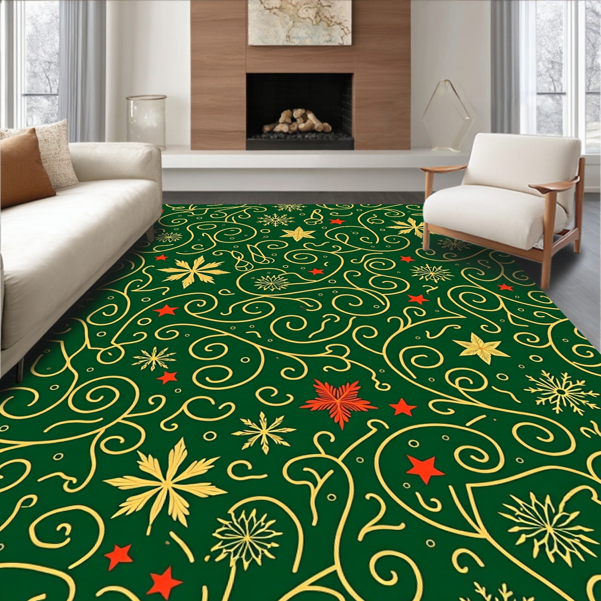 Emerald Green Gold Swirl Snowflake Stars Rug