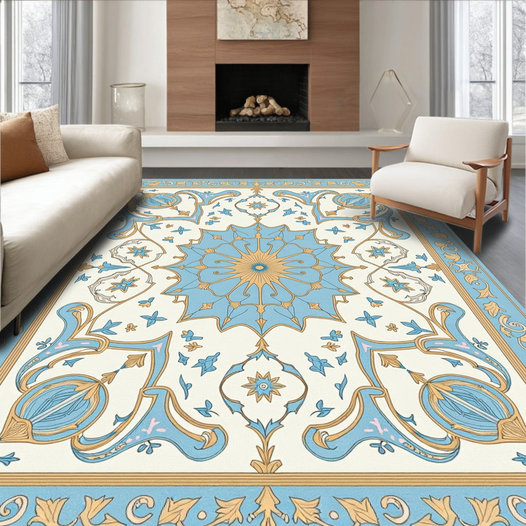 Ornate Sky Blue Medallion Garden Rug