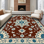 Rich Brown Teal Floral Medallion Rug
