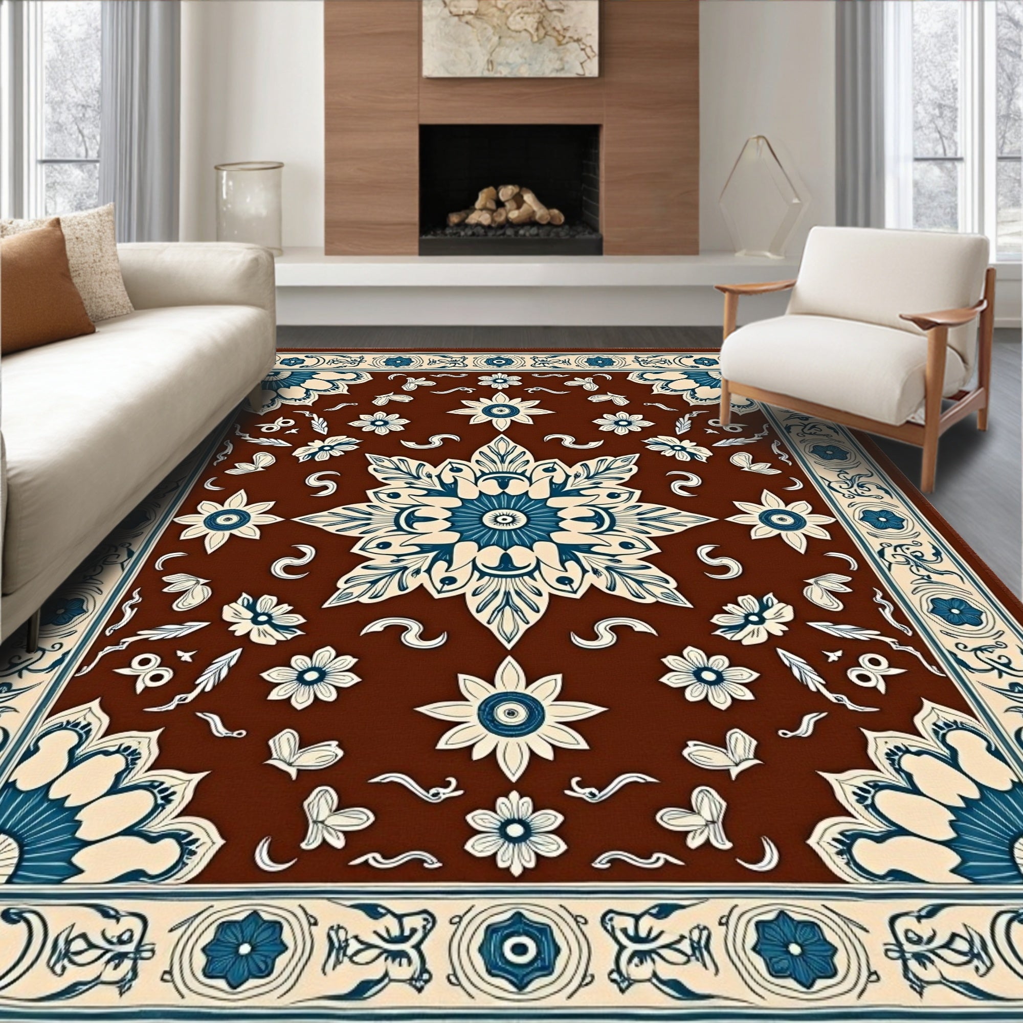 Rich Brown Teal Floral Medallion Rug