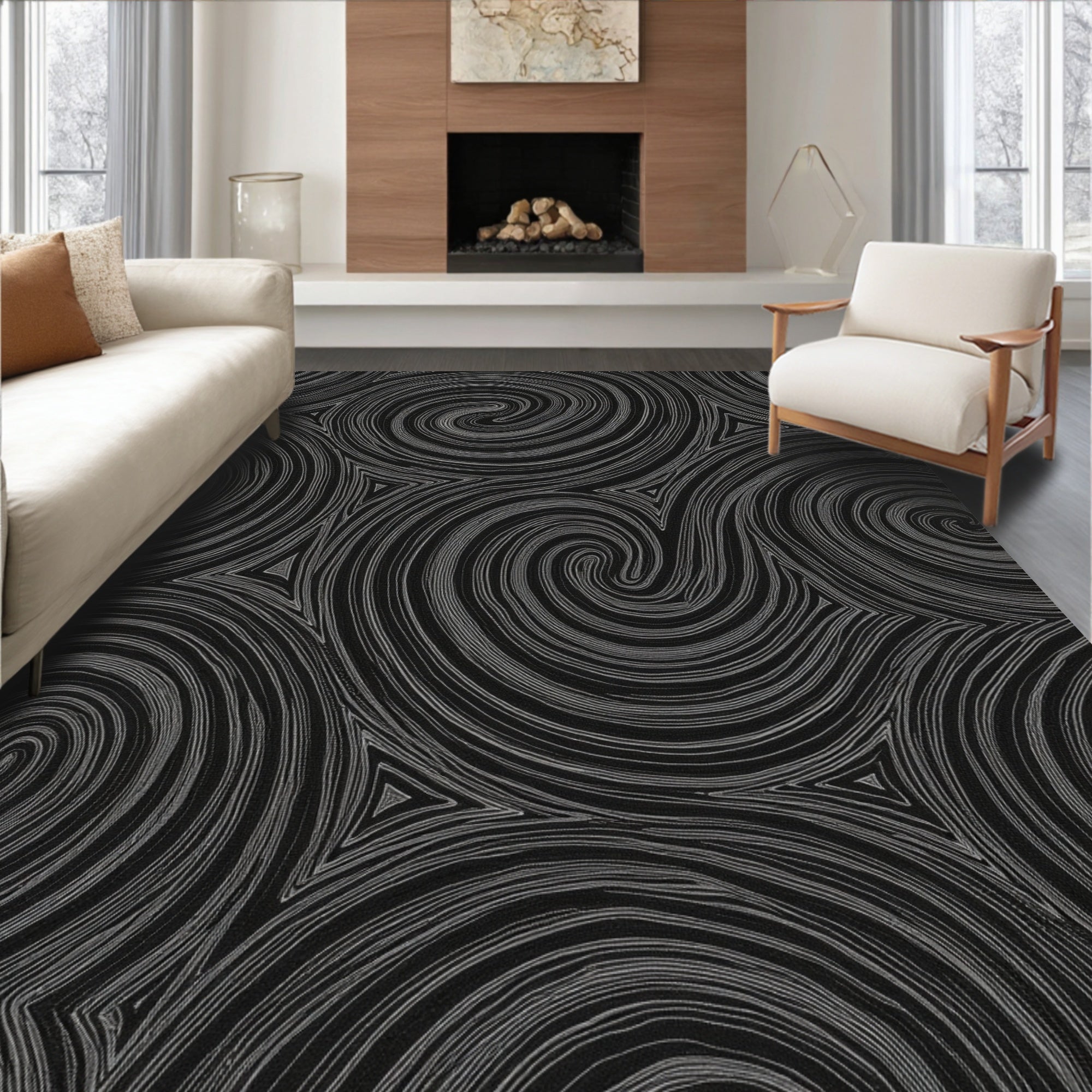 Monochrome Swirl Triangles Abstract Rug
