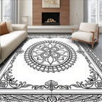 Ornate Black White Medallion Border Rug