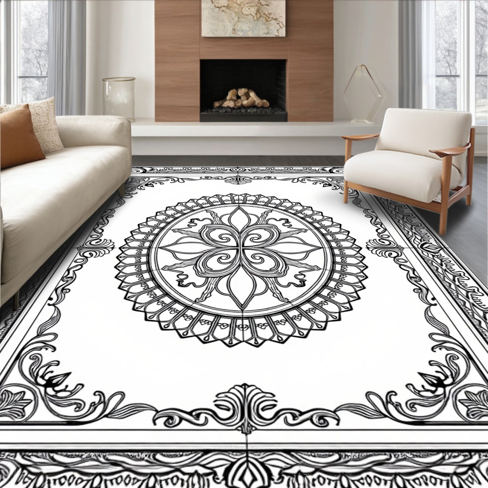 Ornate Black White Medallion Border Rug